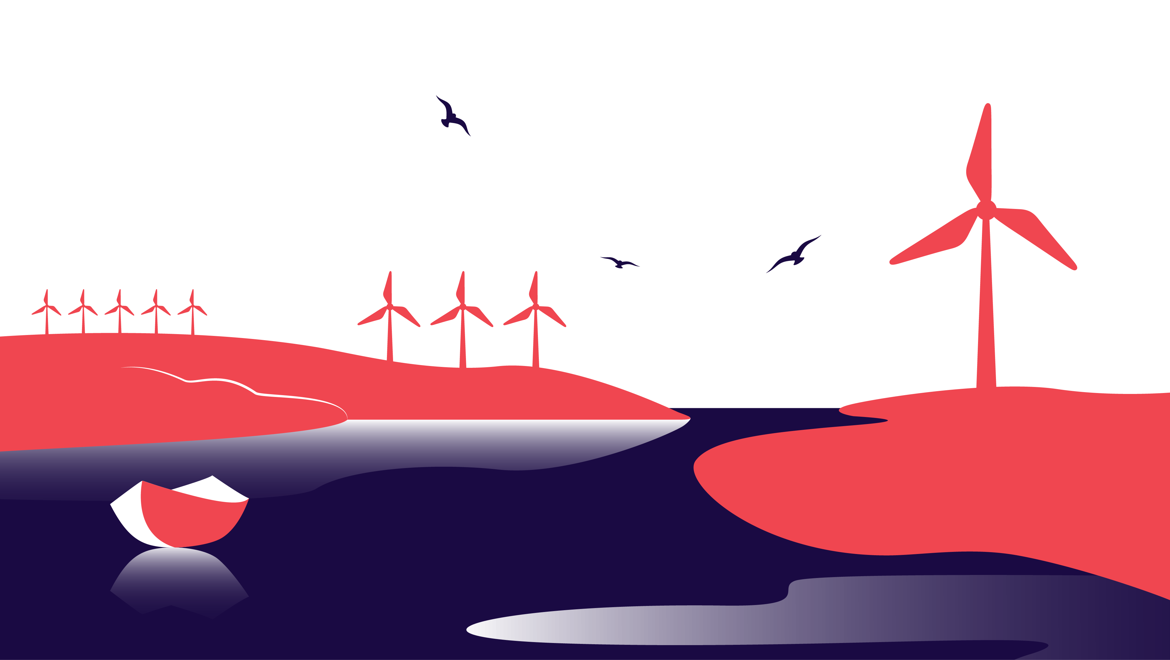 Illustration af landskab i blå og rød farve